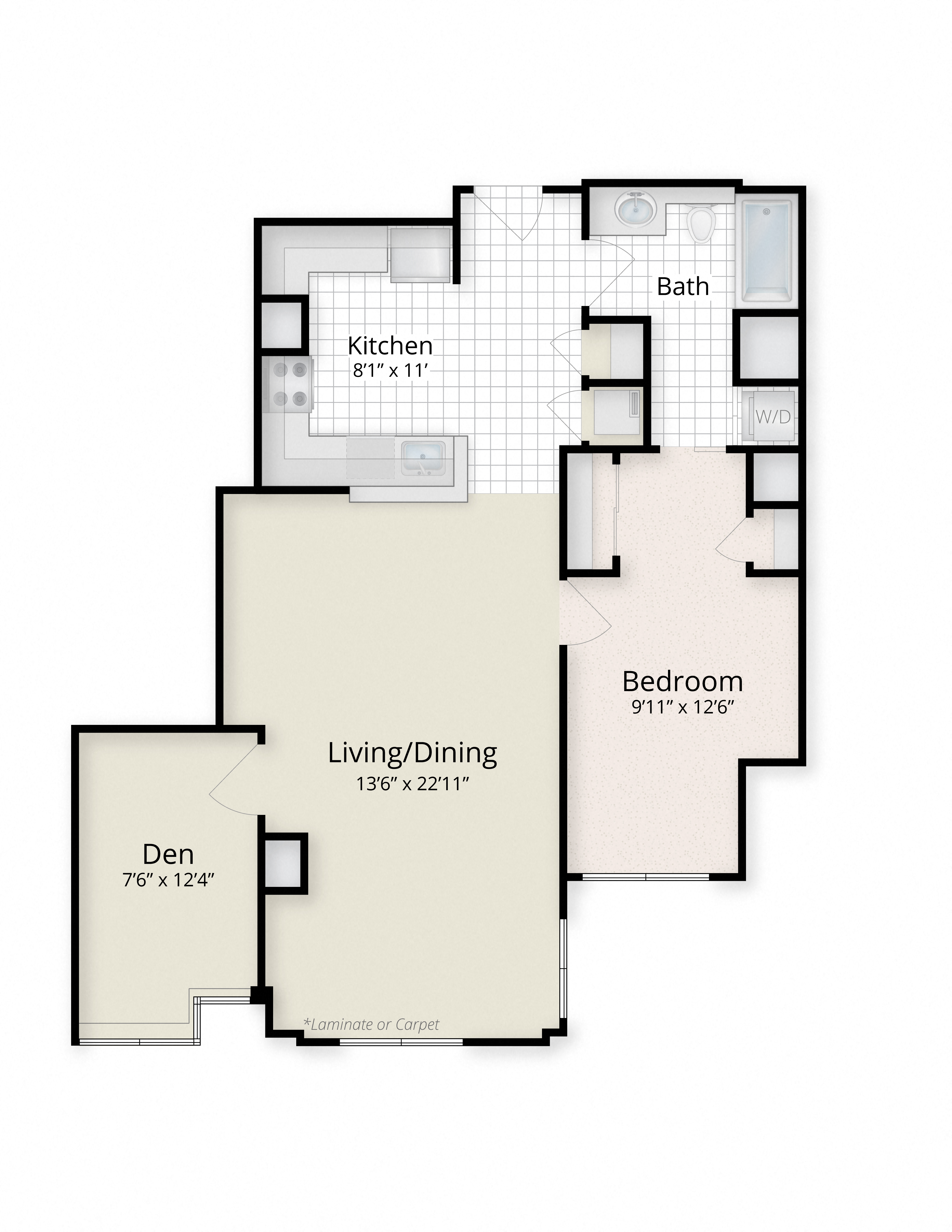 Floor plan for 1 bed, 1 bath, 802 sqft